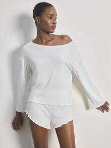 Ocili Women's Solid Color Crew Neck Long Sleeve Top And Shorts Pajama Set