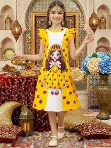 Young Girl'Flutter Sleeve Dress,White,Summer,Fairy - Multicolor - View 3