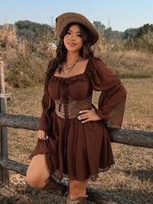 Ceyna Plus Size Cinched Waist Ruffle Flare Sleeve A-Line Jacquard Dress - Brown - View 7
