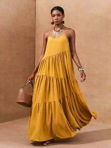 Zivah 2026春夏新款音乐节、复活节、圣帕特里克节、情人节、约会、西部风、游牧风、生日派对、毕业典礼、大学、学生、日常休闲、百搭、休闲、度假、邮轮、海滩、日光浴、爆款、街头风、婚礼宾客、波西米亚风、通勤、早午餐、机场、派对、假日郊游、办公室着装 黄色宽松开衩A字亚麻长裙 - 黃色 - 查看 9