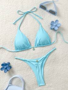 Soleia Women's Solid Color Halter Tie Bikini Set, Summer - Mint Blue - View 1