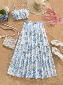 Soleia Vacation Outfits For Women Beach Outfit For Women Summer Holiday Outfits Women's Floral Print Ruffle Trim Camisole Top And Mini Skirt 2-Piece Vacation Set - Multicolor - View 1