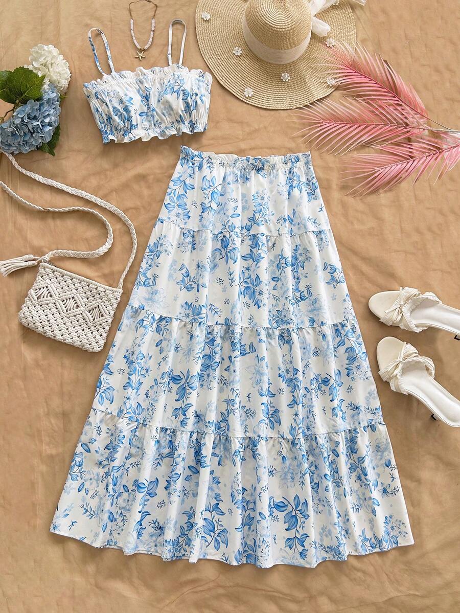 Soleia Vacation Outfits For Women Beach Outfit For Women Summer Holiday Outfits Women's Floral Print Ruffle Trim Camisole Top And Mini Skirt 2-Piece Vacation Set - Multicolor - View 1