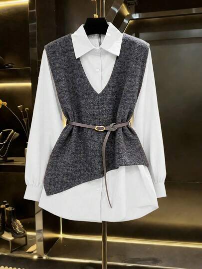 Franclia 2025 Autumn Fresh Debut: Ladies' 2 In 1 Jacket-Shirt Ensemble, Boasting Artful Asymmetrical Tailoring, Exquisite Button Accents & An Adjustable Waist Sash, Streamlined Silhouette That Enhances A Slimmer Look, Versatile For Office Commutes, Leisurely Weekends & Casual Outings