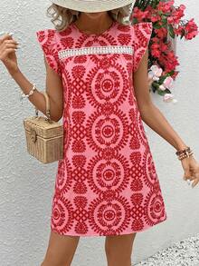 Vivid Eden 女士圆领短袖花卉蕾丝拼接A字休闲度假连衣裙 - 紅色 - 查看 4