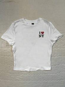 Attitoon Casual Minimalist Faux Rhinestone "I LOVE NY" Letter Graphic Fitted Women's Short Sleeve T-Shirt, Suitable For Summer, Vintage Retro Style, Casual Vacation Style, Sexy Style, Cute, Y2K Coconut Girl, Boho, Spring Break, Brunch-Ready, Baby Blue, Girls Trip, Neon Beach Vibes, Bohemian, Hippie Style, Music Festival, Suitable For Summer Carnival - White - View 8