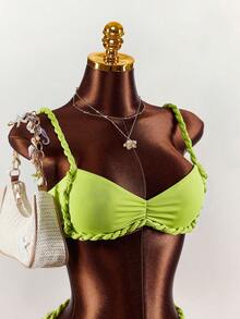 Amplova Bộ đồ 2 món gợi cảm dành cho nữ: Áo croptop xếp ly màu xanh neon và chân váy mini ôm sát xếp ly. - màu xanh lá - Xem 7