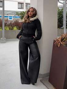 Jeta Ari Women's Casual Retro Fitted Fur Collar Hooded Regular Jacket,Fall - Black - View 2