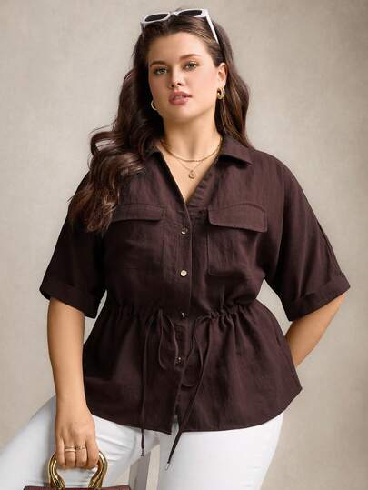 Zelara Plus Size Women Drawstring Waist Loose Shirt Summer Holiday Outfits Casual Women Outfits Beach Outfits For Women Summer Holiday Outfits Plus Size Button Down Shirt Plus Size Summer Shirt Tie Front Top Plus Women's Plus Size Shirts Blusas Blusas Feminina Vacation Outfits Women