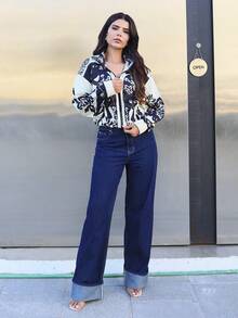 Hindelle 休闲宽松直筒长袖口牛仔裤 - 深色水洗藍 - 查看 3