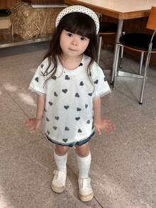 DAZY 女婴爱心印花休闲圆领短袖上衣 - 白色 - 查看 7