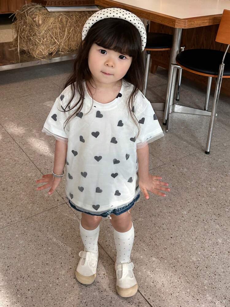 Baby Girl Heart Print Casual Round Neck Short Sleeve Top Summer Toddler Girls Clothes