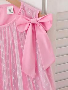 SHEIN Elegant Fashion Ruffle Trim Pearl Decor Mesh Girls Dress Pink Bow Ruffle Strap Dress - Pink - View 6