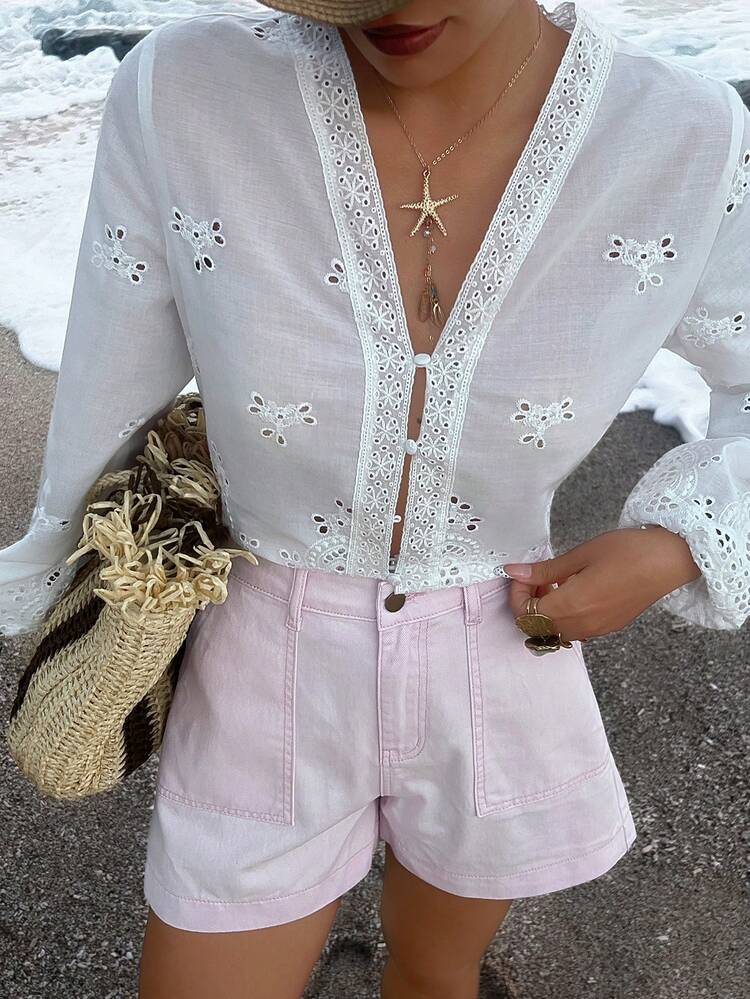 Lace Patchwork Loose Vacation Blouse For Women Long Sleeve