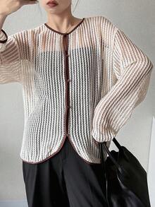 FRIFUL Women's Round Neck Open Front Mesh Contrast Trim Regular Jacket - Beige - View 7