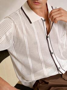 Manfinity Homme 男士白色条纹针织Polo衫，短袖，常规长度，网球高尔夫风格上衣 - 白色 - 查看 3