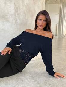 Aloruh Women's Contrast Lace Oblique Shoulder Long Sleeve Fashionable Elegant T-Shirt - Navy Blue - View 5