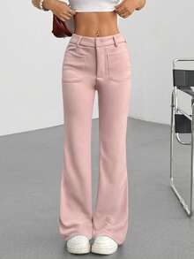 SHEIN Tall 1pc Women's Pink Sweet Commuting & Back To School Knitted Elastic Fabric Low Waist Pocket Slim Fit Flared Leg Casual Pants - Pink - View 3