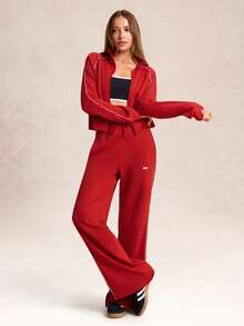 GLOWMODE SoftSerene 莫代尔撞色滚边腰部拇指孔修身拉链卫衣，适合日常休闲穿着，秋冬款 - Fiery Red - 查看 7