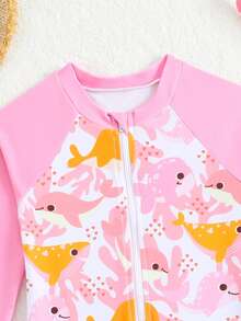 SHEIN GraphicGems Bộ đồ bơi liền thân dài tay in hình cá mập cho bé gái, thiết kế dễ thương, chống nắng, thích hợp cho mùa hè. - trái cam - Xem 4