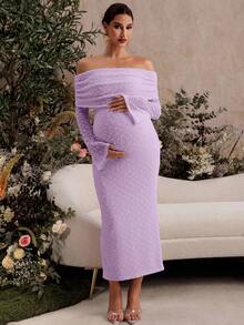 MaterniChic Đầm bầu trễ vai thanh lịch, chất liệu có họa tiết, thích hợp cho mùa thu. - Màu tím hoa cà - Xem 3