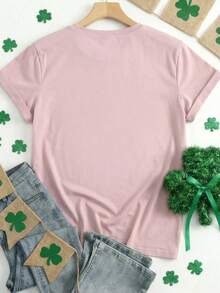 EMERY ROSE St. Patrick's Day Clover Hat Pattern Women's Round Neck Short Sleeve T-Shirt - Pink - View 2