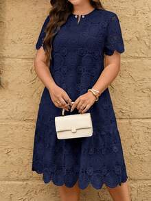 Reflora Plus Size Summer Casual Solid Color Water-Soluble Lace Short Sleeve Dress Navy Blue Eyelet Women Maweii - Navy Blue - View 3