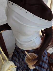 DAZY Women's Off-Shoulder Studded Trim Ribbed T-Shirt Y2k - White - View 6