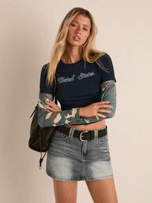 Easelle 女士休闲时尚街头迷彩字母印花拼接修身短款上衣，春秋季 - 寶藍色 - 查看 1