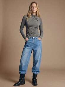 Maija Camiseta de manga larga ajustada con detalle de nudo en el frente, color gris, casual y cómoda para el estilo de vida urbano, adecuada para otoño/invierno y primavera para mujeres - Gris - Ver 2