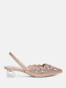 CUCCOO TILAWA Women's Fashionable & Elegant Crystal Heel, Rhinestone Pointed Toe Laser Cut Champagne High Heel Pumps, Suitable For Banquet, Party And Other Occasions Valentine's Day - Champagne - View 2