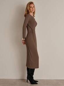 COSMINA Women's Elegant Long Sleeve Ruched Asymmetric Dress, Versatile For Commute, Office, Casual Wear, Autumn/Winter - Coffee - View 7