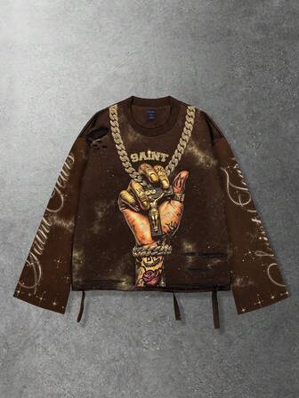 Street Life Vintage Streetstyle verwaschenes Saint Grafik Langarm Rundhals Herren T-Shirt