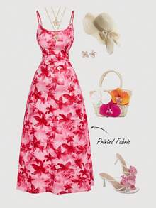 SHEIN MOD Plus Size Women's Rose Pink Floral Print Maxi Dress Ruched Waist Flared Hem Spaghetti Strap Dress,Semi Formal Dress,Elegant Tea Party Dress,Flowy Cruise Women Outfits/Valentine's DaySpring/Summer Holiday Party Outfits & New Year Outfits.Spring And Summer Vacation Outfits.Spring And Summer In Bohemia - Multicolor - View 6