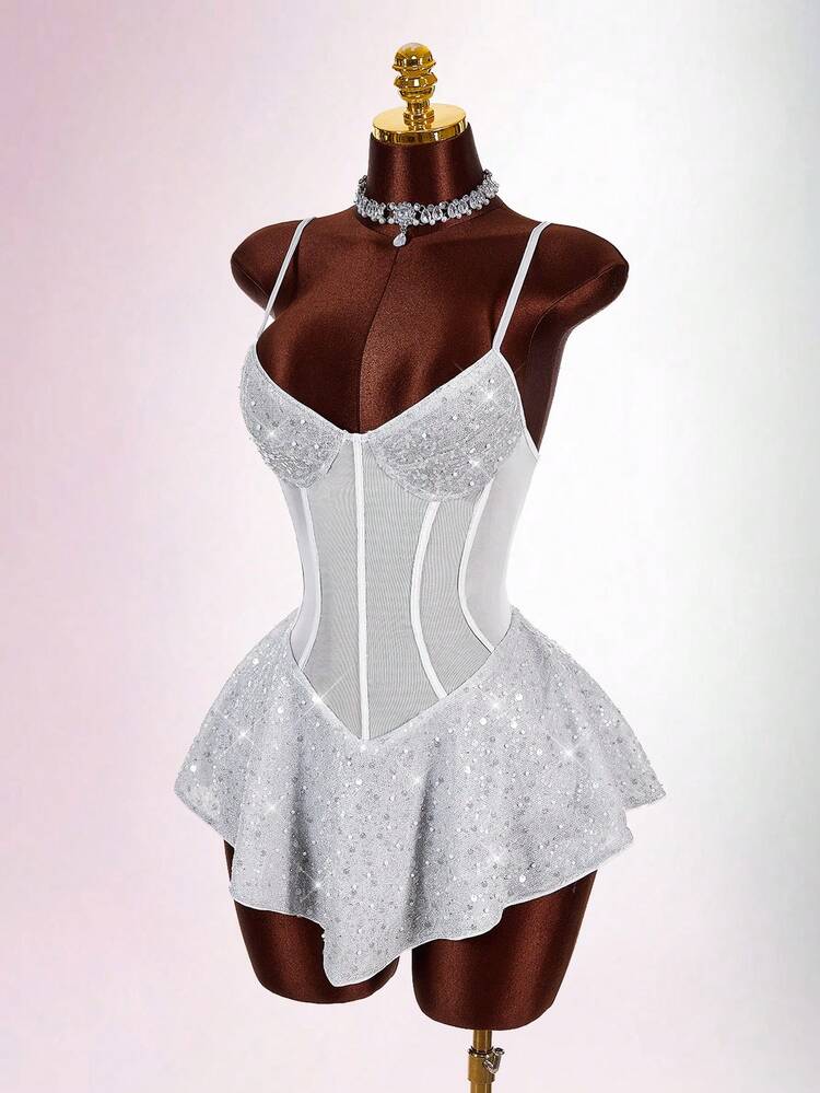 Amplova Women's Solid Color Spaghetti Strap Sleeveless Ruffled Shiny Fish Bone Stitching Mini Dress Rhinestone Silver Dress Sexy Birthday Dress Silver Sparkly Dress Rhinestone Dress Night Club Dress Vacation Outfits Women Y2K Valentine's Day - Silver - View 1