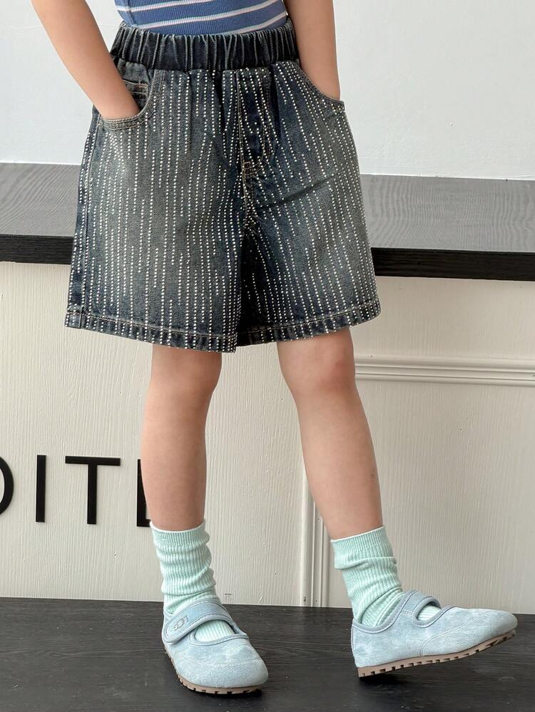 Young Girl' Rhinestone Embellished Casual Street Style Denim Shorts, Spring/Summer