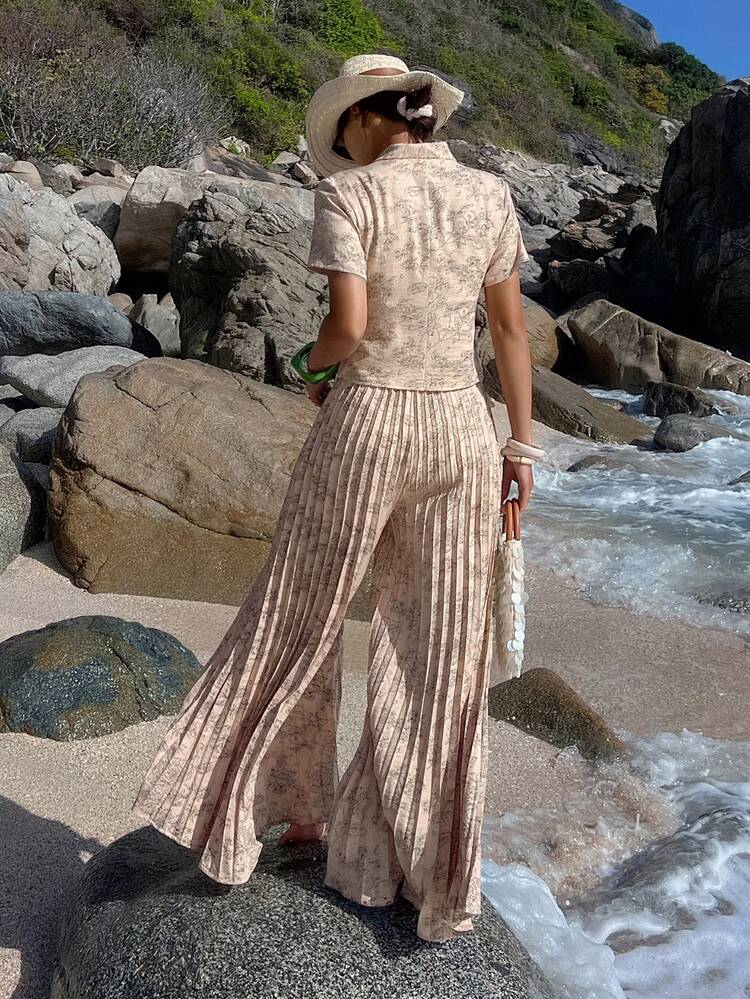 Women's Elegant Floral Print Suit Jacket And Pleated Long Pants Set, Spring/Summer,Wedding Guest Dress Women