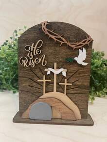 1件黑色复活节墓碑木质多层粘贴工艺摆件家居复活节装饰3D摆件 - 黑色 - 查看 1