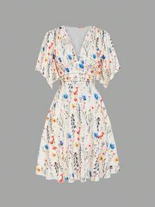 Elenzga New V-Neck Ruched Bust Ruffled Sleeve Waist Cinched Elegant Ditsy Floral Mini Dress For Women - Multicolor - View 3