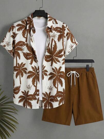 Manfinity Swimmode 植物印花纽扣短袖衬衫和抽绳腰短裤套装