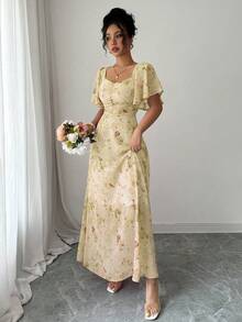 Modelyn Women's Chiffon Butterfly Printed Batwing Sleeve Pleated Sweet French Style Summer Dress - Light Yellow - View 7