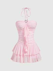 ROMWE Avant Women's Sexy Halter Neck Ruffle Trim Gathered Mini Dress - Pink - View 1