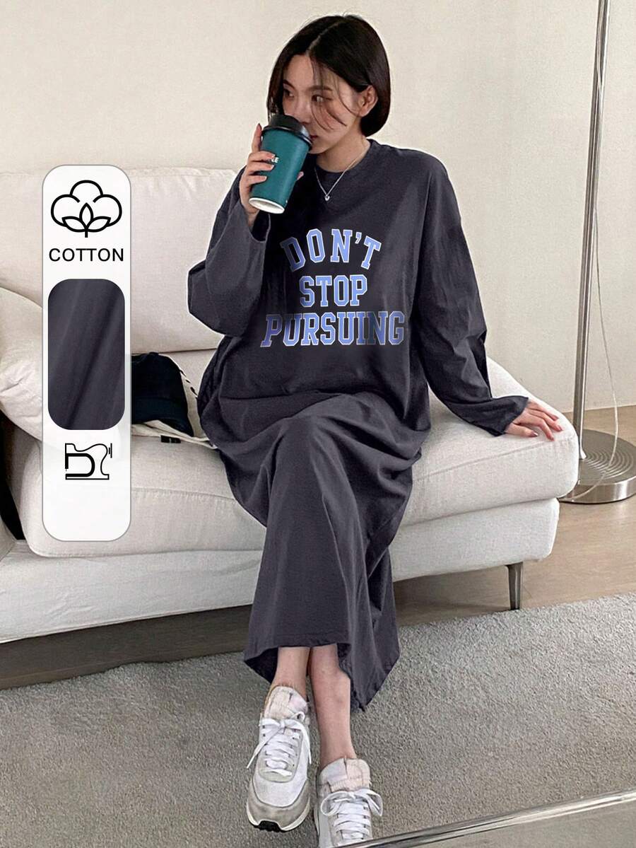 DAZY Letter Print Pattern Long Sleeve Loose Knit Dress, Spring/Summer Maxi Dress - Dark Grey - View 1