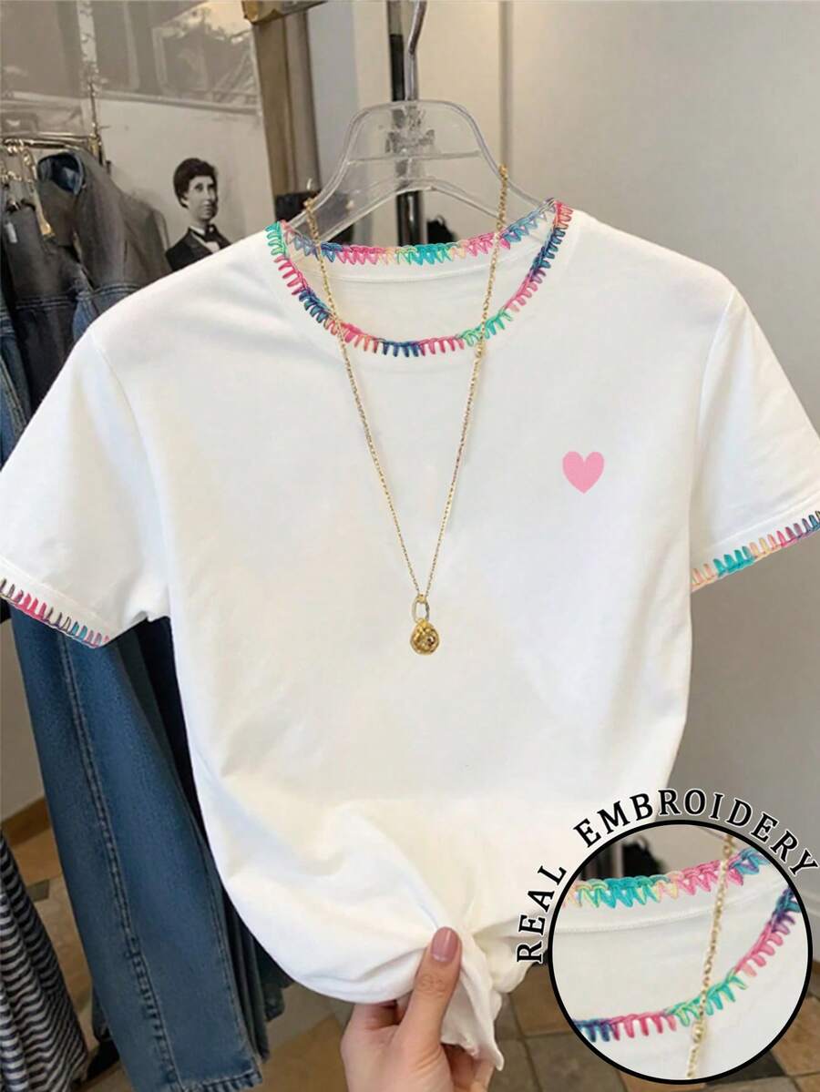 Resyla 女士休闲撞色滚边爱心印花T恤，夏季 - 白色 - 查看 1