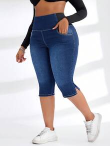 SHEIN SXY 大码女式弹力腰紧身七分牛仔裤 - 深色水洗藍 - 查看 5