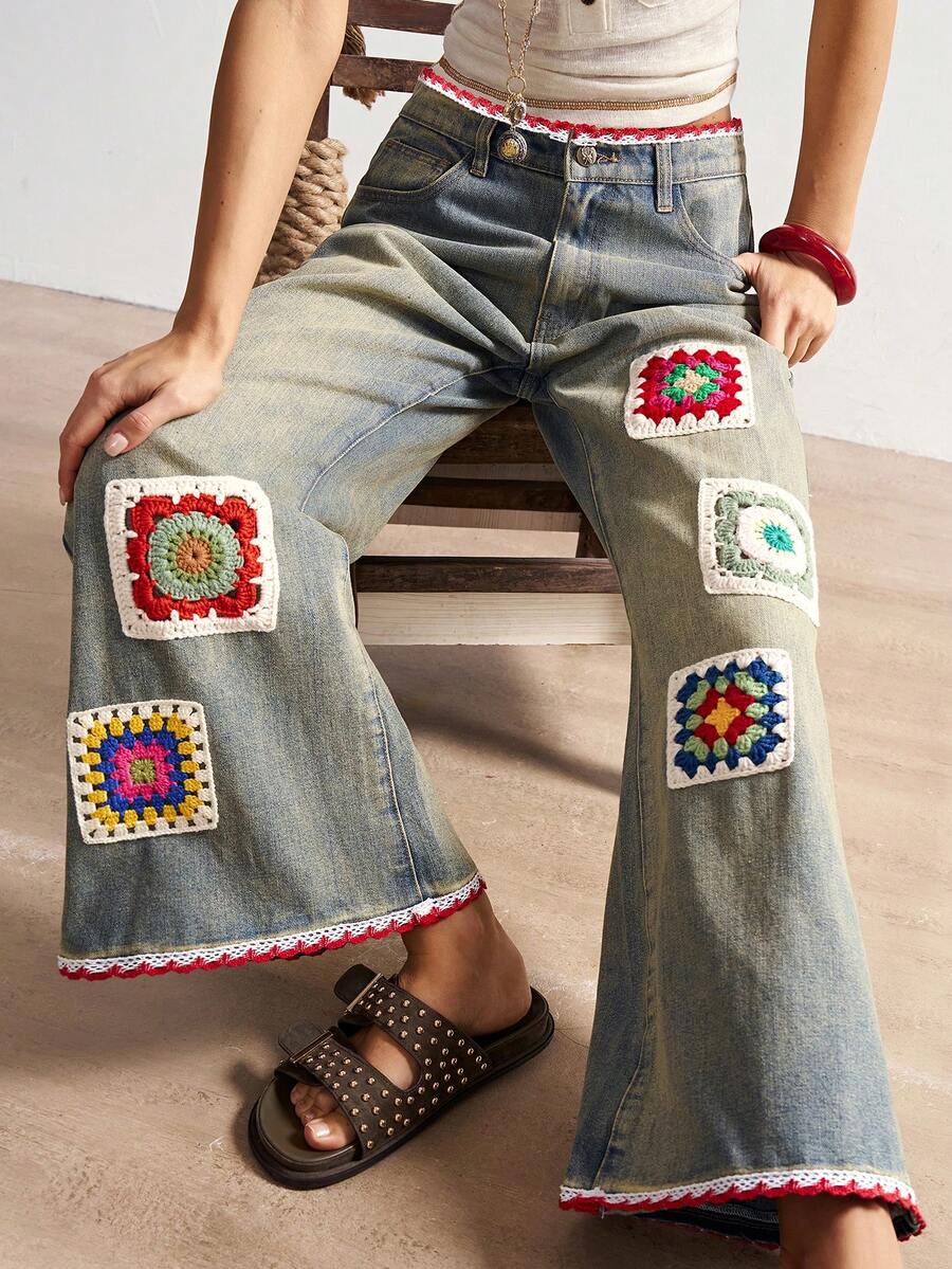 Bohemela 女士休闲时尚街头波西米亚度假风钩针编织宽松阔腿裤