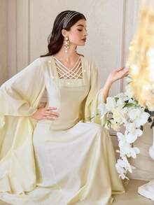 Al Najma Women's Elegant Crossed Square Neck Flare Sleeve Waist Cinched Arabic Style Dress - Yellow - View 1