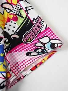 THE POWERPUFF GIRLS X SHEIN Chemise d'été décontractée grande taille à imprimé tout-sur-tout avec boutons devant et manches courtes - Multicolore - Voir 3