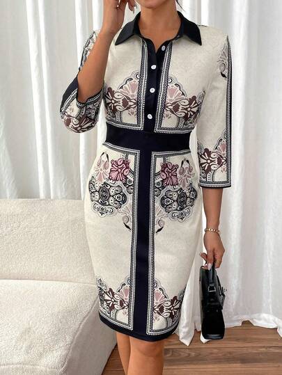 EMERY ROSE Damen Blumen Muster 3/4 Arm Hemdkleid