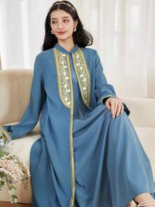 SHEIN Bộ 2 áo Abaya kiểu Ả Rập truyền thống dành cho thiếu nữ, tay dài, dáng xòe, thêu và viền vàng, độ dày vừa phải, thích hợp mặc hàng ngày vào mùa xuân và mùa thu. - Màu xanh bụi bặm - Xem 3